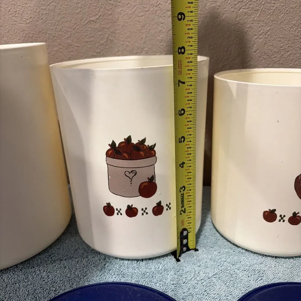 VINTAGE TUPPERWARE “An Apple a Day” WHITE/BLUE TOPS SET OF 3 ONETOUCH CANISTERS